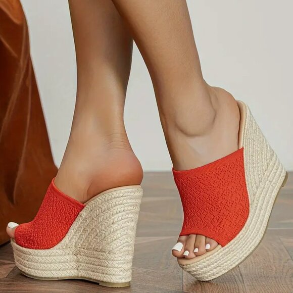 Shoes - Women's Breathable Knit Wedge Heeled Sandals Red/Orange Size 11